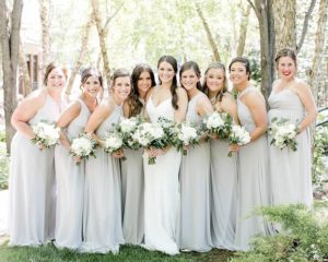 dessy oyster bridesmaid dresses Spring wedding colors- sage and grey wedding. Dresses- dessy collection- celadon, taupe and oyster #happilyeverhuff