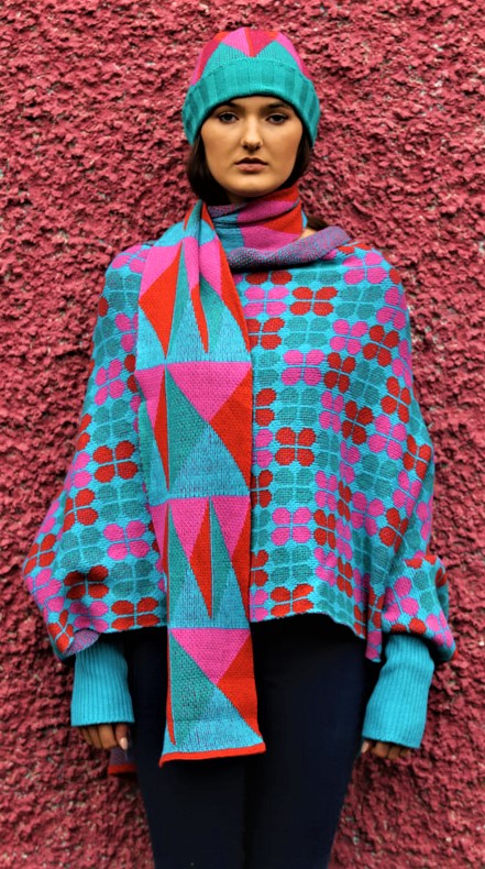 Irish 3-23 Triangular-Pattern-Long-Scarf-1-Linda-Wilson-Irish-Knitwear-Designer-Limerick red blue pink (2) cropped.jpg