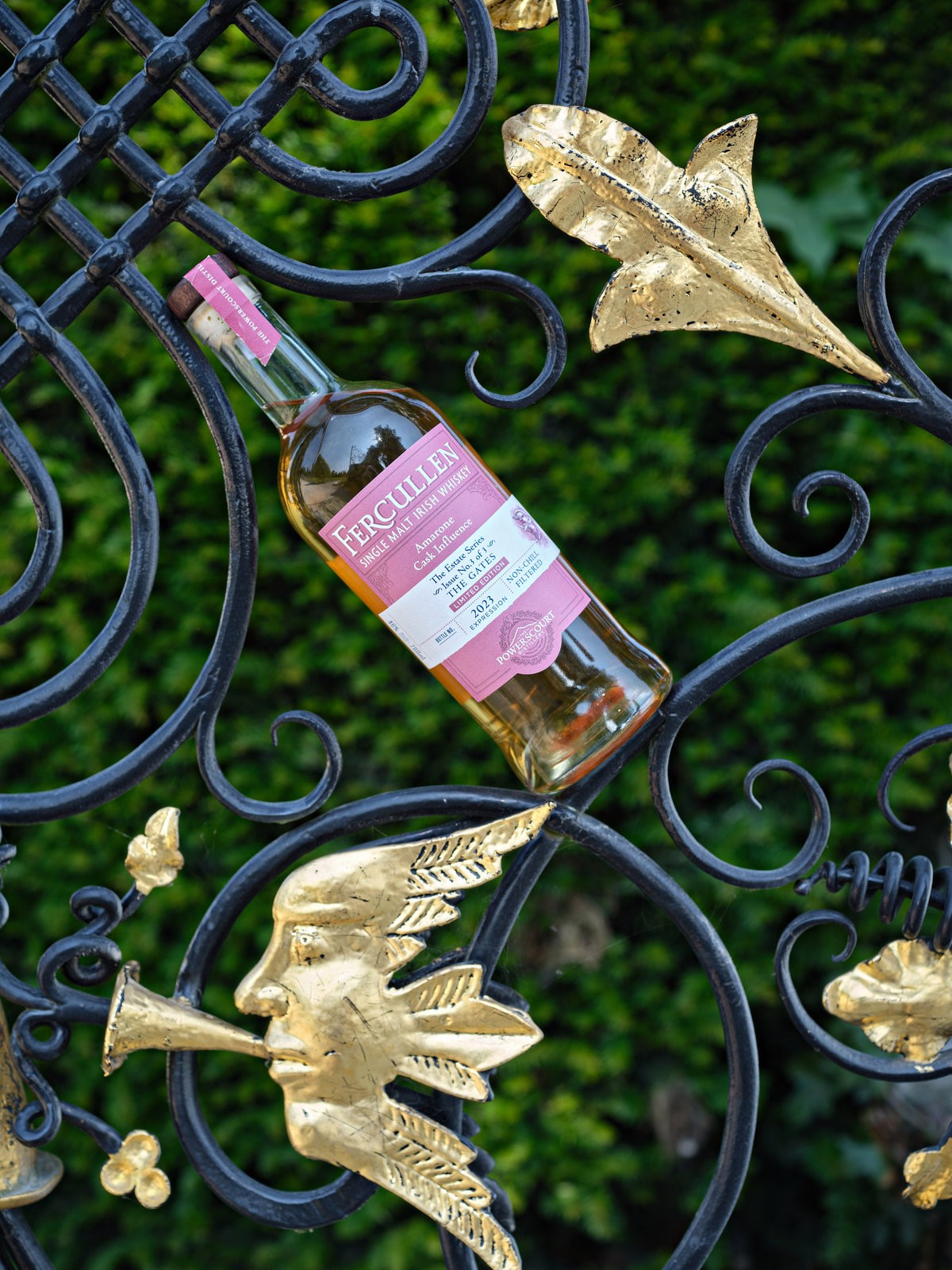 A bottle of wine on a metal fence Description automatically generated