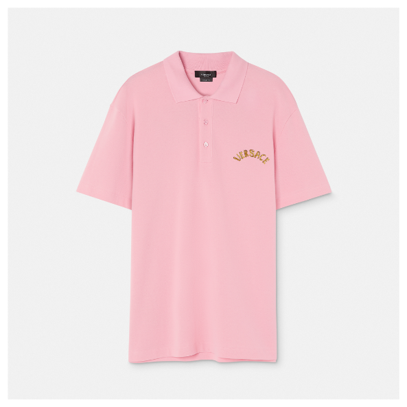 A pink polo shirt with a logo on it Description automatically generated