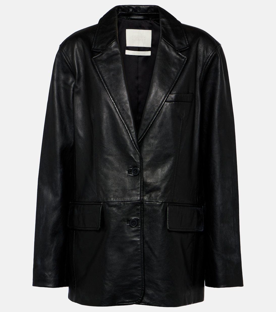 A black leather coat on a swinger Description automatically generated