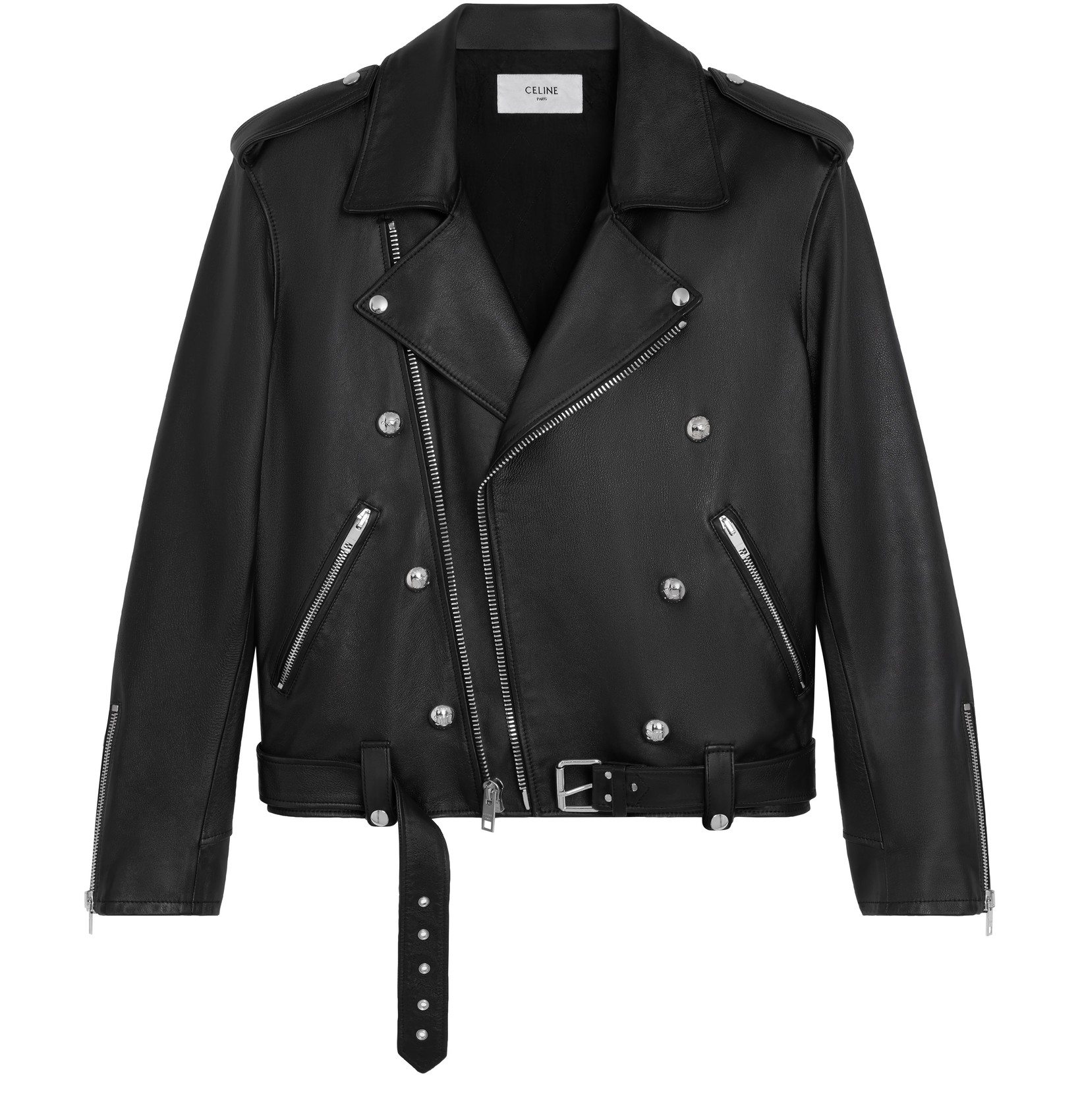 A black leather jacket with a belt Description automatically generated