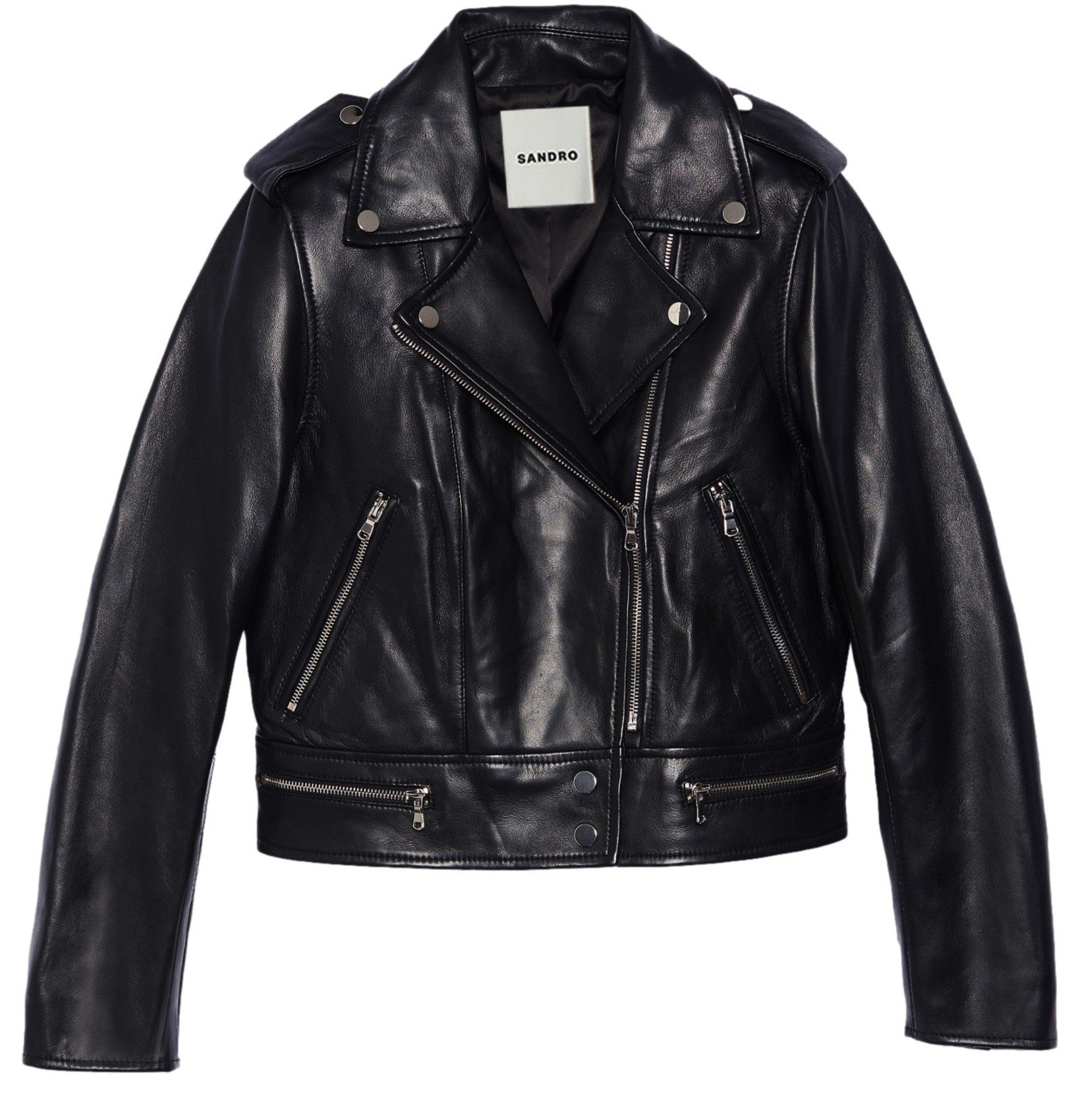 A black leather jacket with a white label Description automatically generated