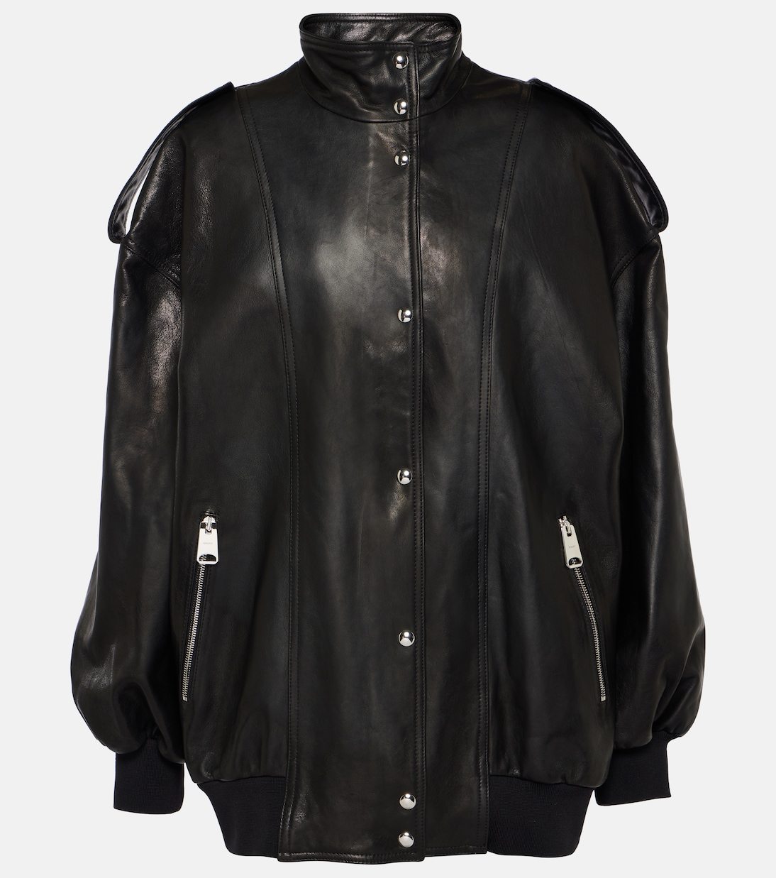 A black leather jacket with silver buttons Description automatically generated