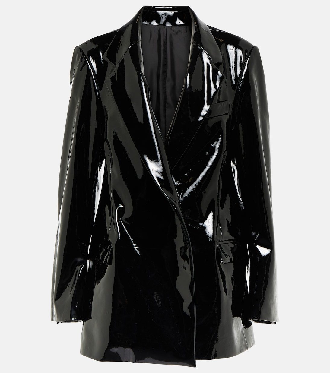 A black shiny coat on a swinger Description automatically generated