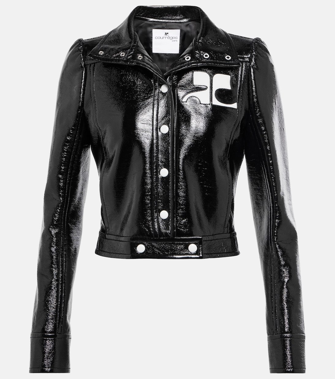 A black shiny leather jacket Description automatically generated