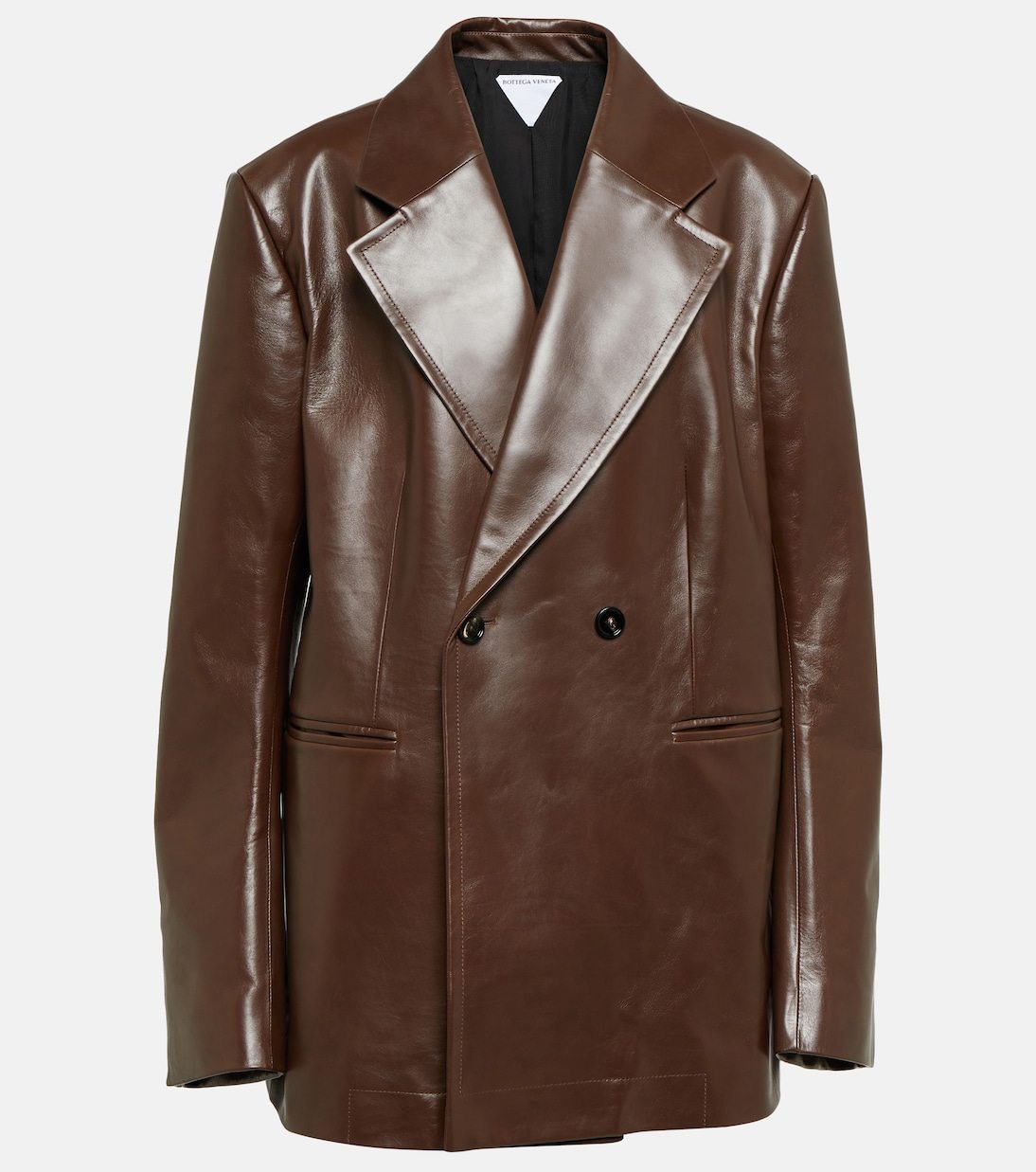 A brown leather coat with a black collar Description automatically generated