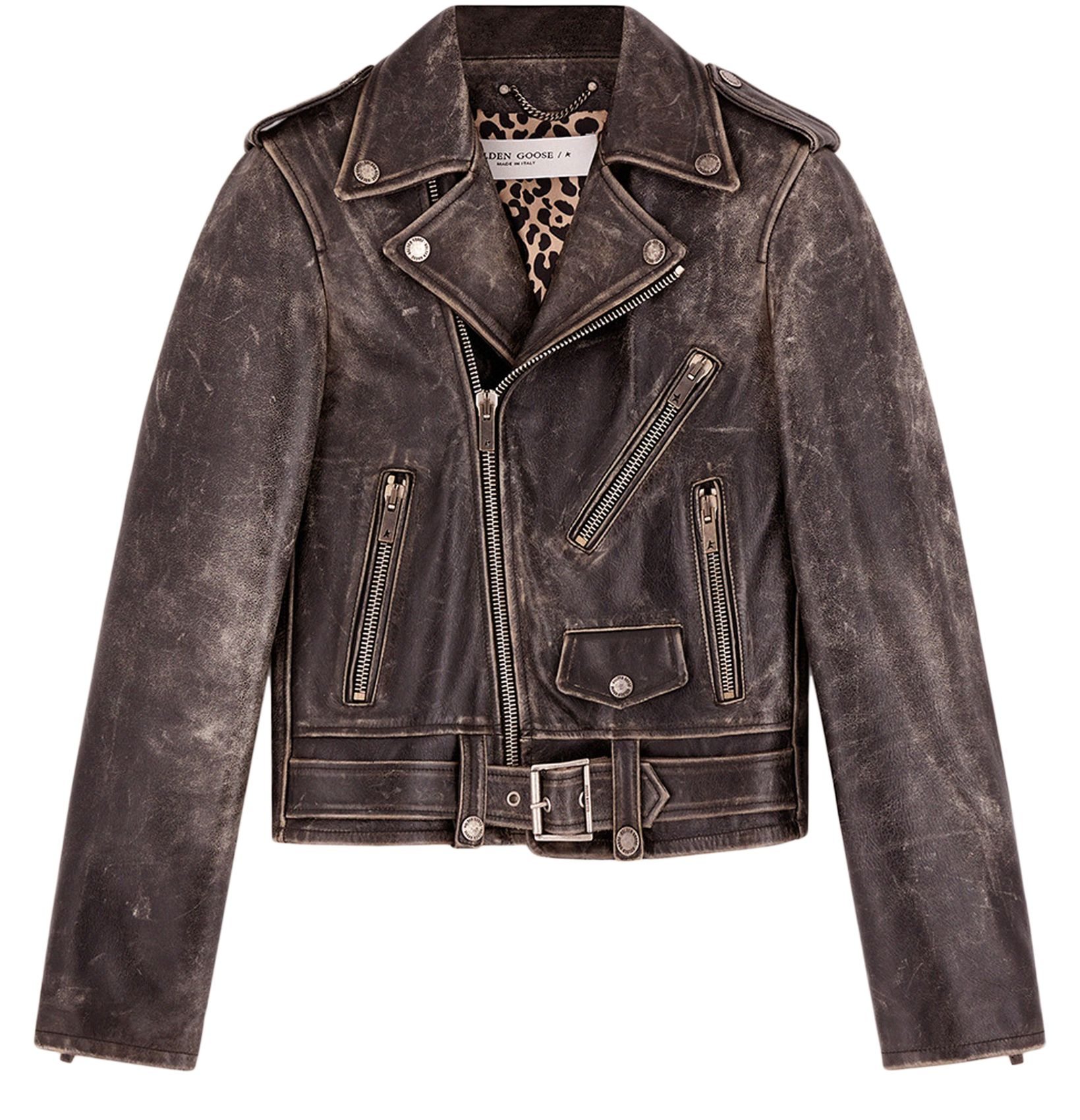 A leather jacket with a leopard print lining Description automatically generated