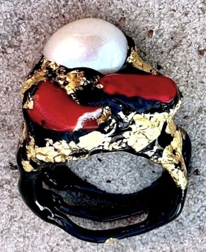 NY Jewel 8-24 IR blk enamel, gold leaf, pearl, red corals ring cropped.JPG