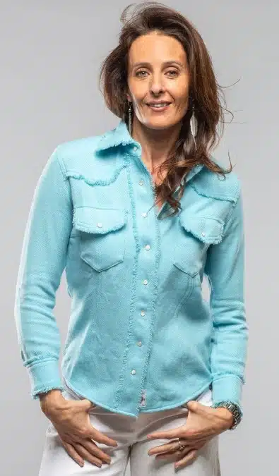 Hot Summer Accessories: Sizzling Global Trends to Spice Up Your Look and Turn the Heat into Cool 25 SA26 AX turq cashmere raw edge western shirt.jpg