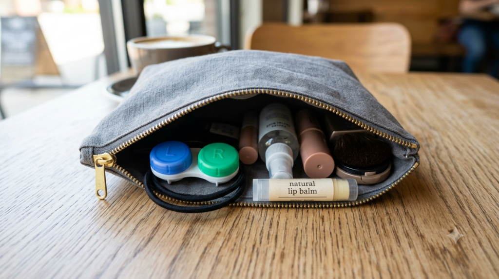 daily preparation essentials, including contact lenses and a pre-stocked grab-and-go bag