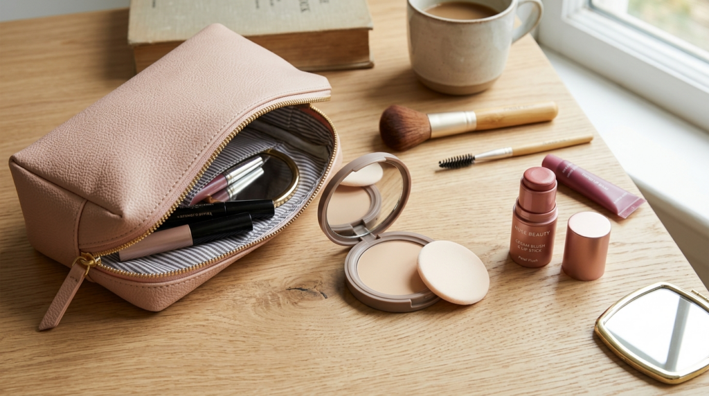 A compact 5-minute touch-up kit with travel-friendly cosmetics