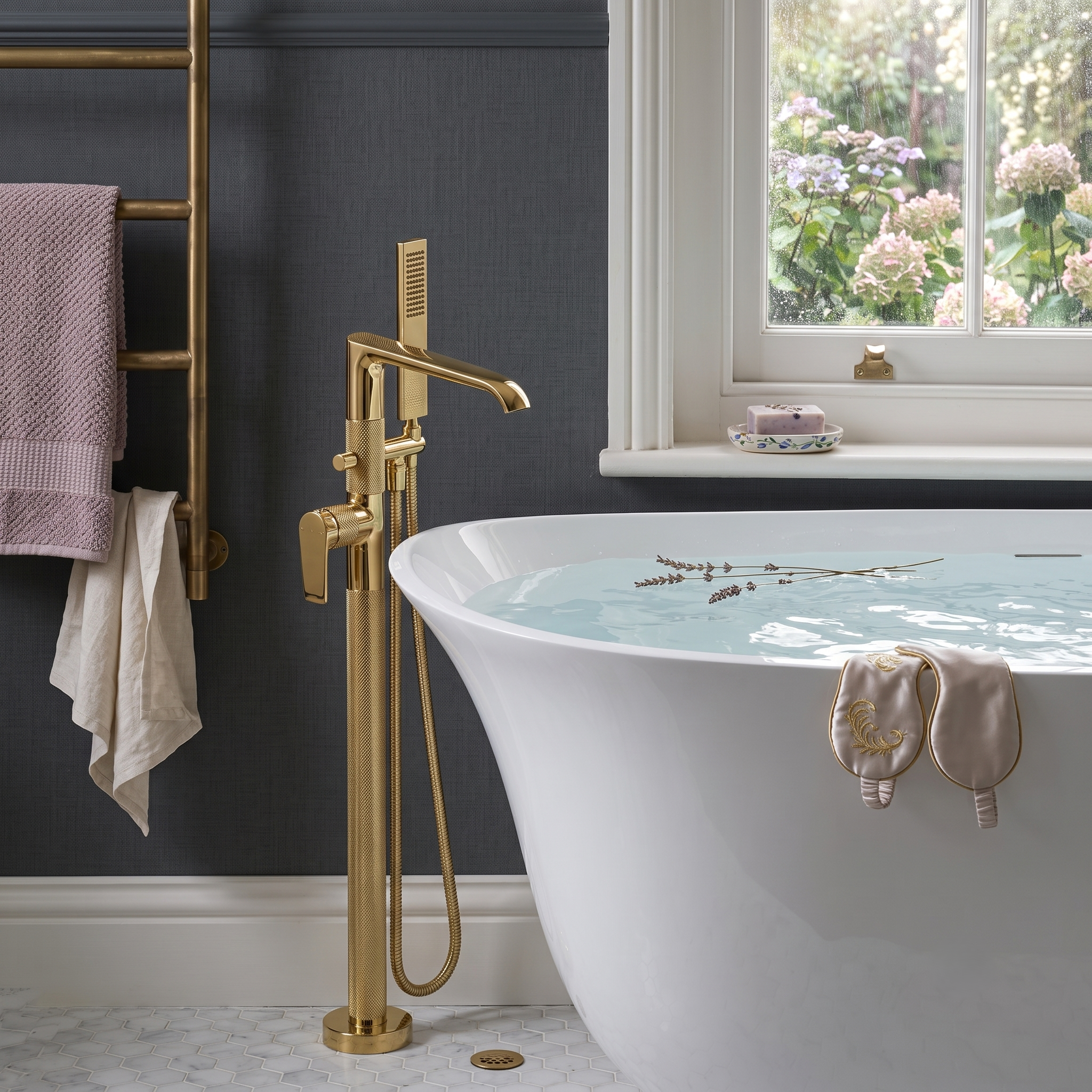 Vaere Floor Standing Bath Shower Mixer in Brushed Gold