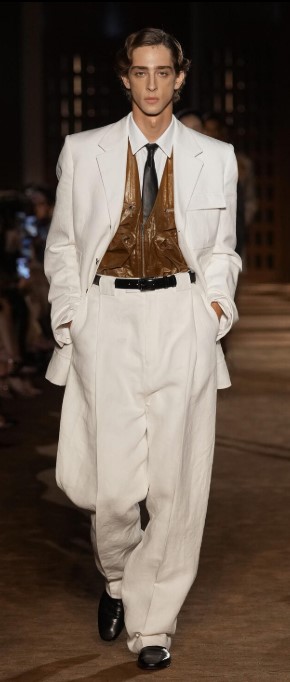 Milan Spring/Summer 2027, New Trends Seen at Fashion Week, Are You Ready? 28 Milan27 FG wht suit w leather vest.jpg