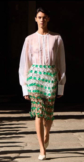 Milan Spring/Summer 2027, New Trends Seen at Fashion Week, Are You Ready? 60 Milan27 VT green and clear coins net skirt.jpg
